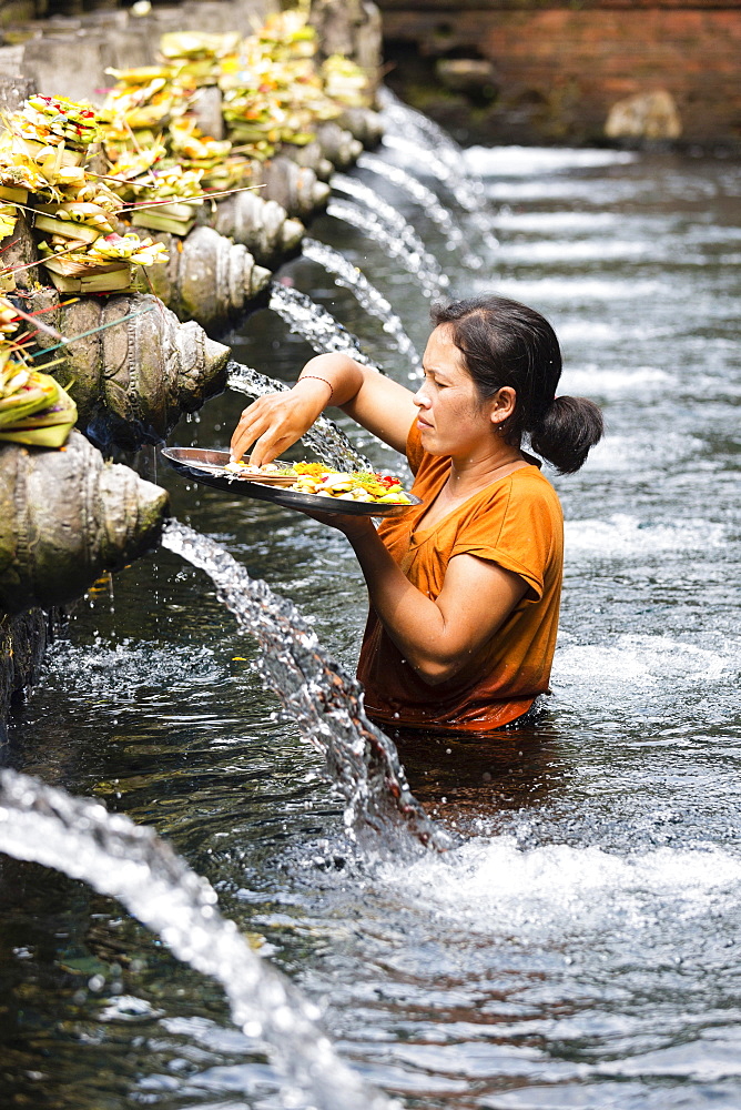 Balinese woman giving offering, spring sanctuary Pura Tirta Empul, Tampaksiring, Bali, Indonesia