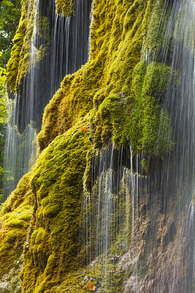 Schlererfaelle waterfall with moss, gorge of the Ammer river, near Saulgrub, district Garmisch-Partenkirchen, Bavarian alpine foreland, Upper Bavaria, Bavaria, Germany, Europe