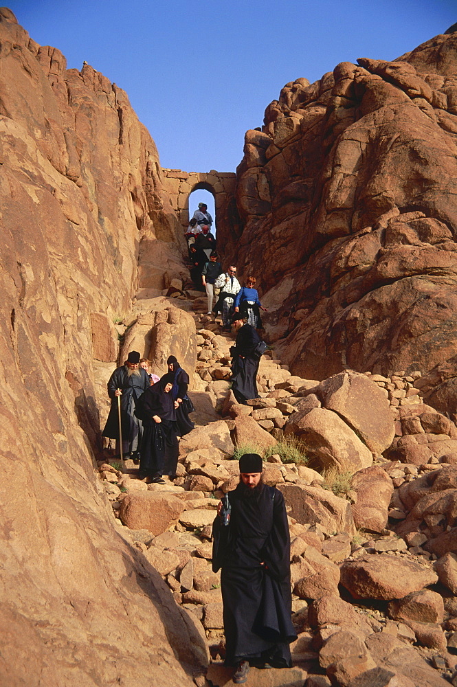 Russian Othodox monks on a pilgrimage to the Moses' Mountain, Mount Sinai, Sinai, Egypt, Africa