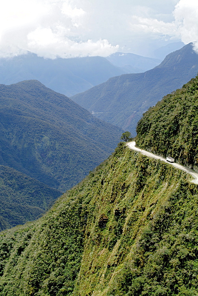 The Yungas Road, Road of Death, Road down to The Yungas, lowlands of the Beni region, Bolivia, South America