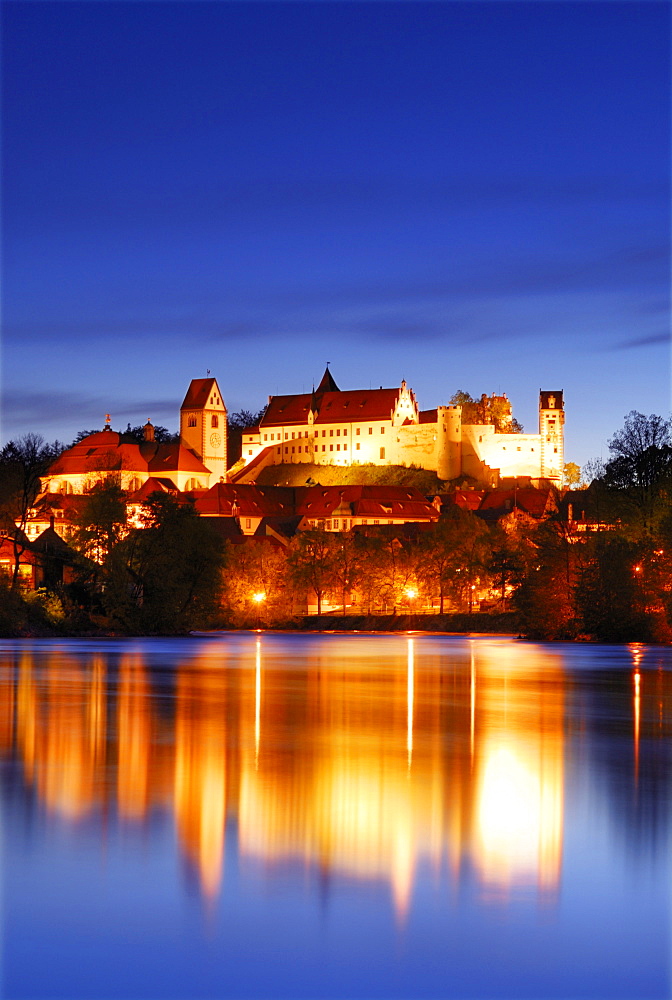 View over river Lech to old town with St [-], Mang's Abbey [-], Fuessen, Bavaria, Germany