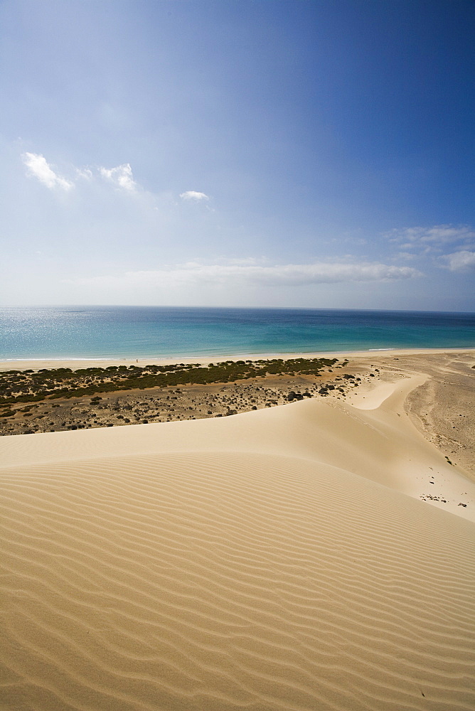 Dune on the waterfront in the sunlight, Playa de Satovento de Jandia, Parque Natural de Jandia, Jandia peninsula, Fuerteventura, Canary Islands, Spain, Europe