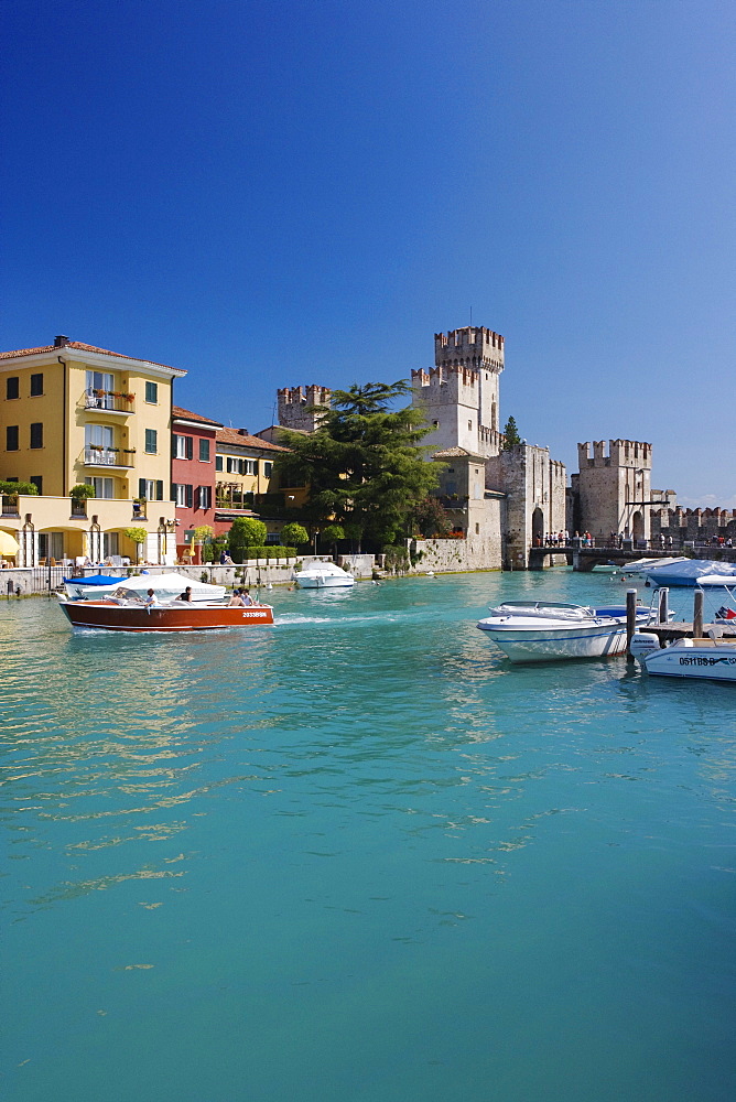 Port and Scaliger castle, Sirmione, lake Garda, Brescia province, Lombardy, Italy