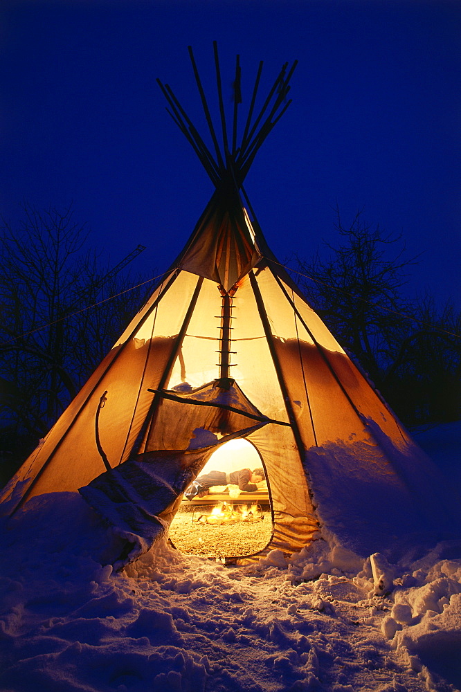 Indian tipi in winter, Uffing, Upper Bavaria, Bavaria, Germany