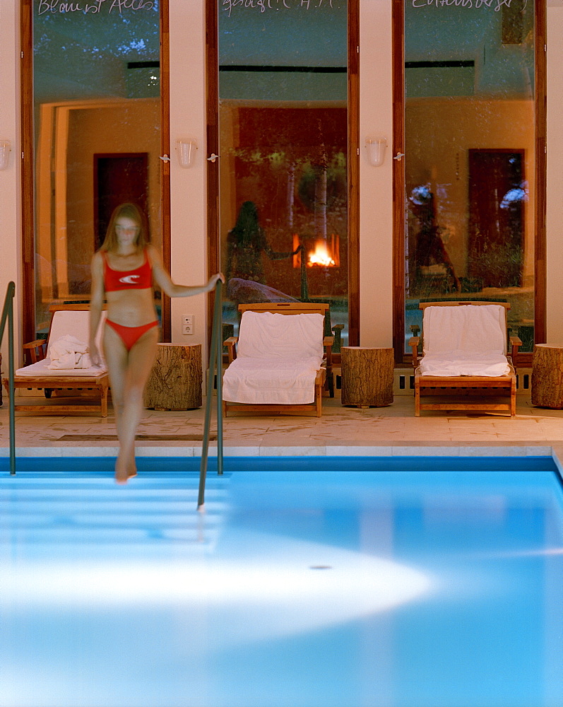 Woman at a pool, Hotel Neuklostersee, Nakenstorf, Mecklenburg-Western Pomerania, Germeny, MR, PR