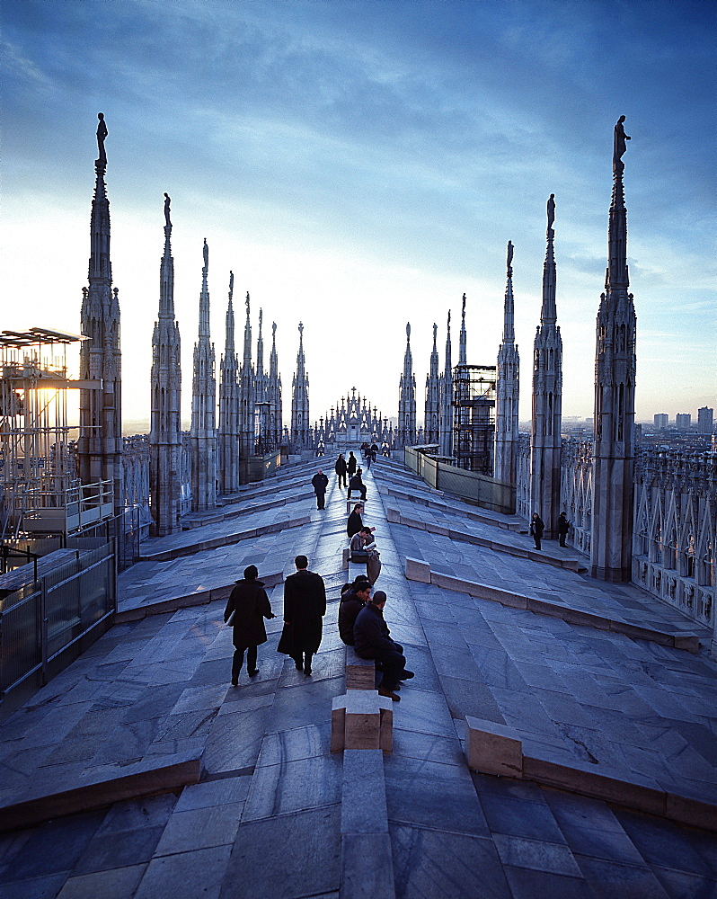 People on walkable roof of the central aisle, Milan Cathedral, Milan, Lombardy, Italy