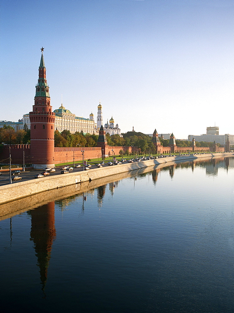 The Kremlin reflecting in Moskva River, Moscow, Russia