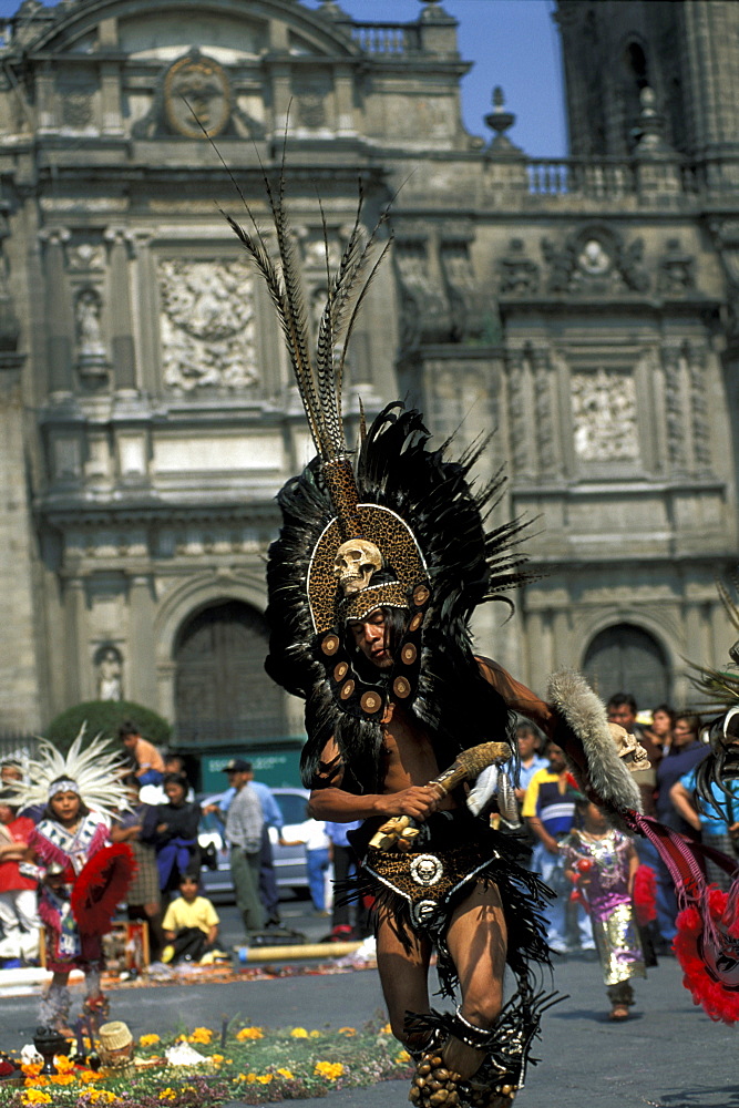 Actec dancers in front of the cathedral, Mexico City, Mexico, America