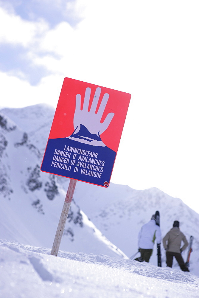 Two skier leaving the safety area of slope, Kuehtai, Tyrol, Austria