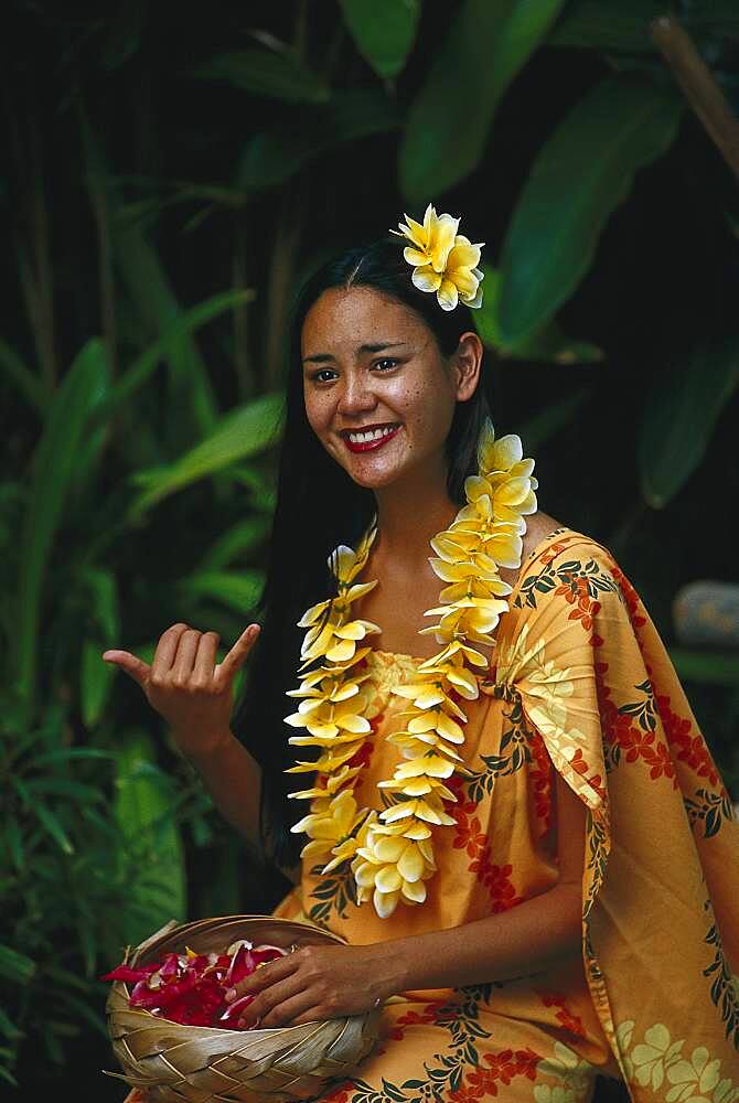 Smiling polynesian woman with flower garland, Laie, Oahu, Hawaii, USA, America