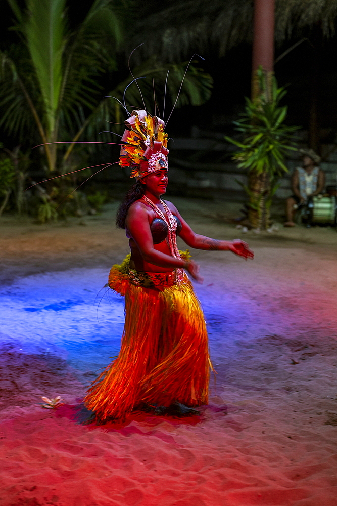 Polynesian dance performance during the 'Pacifica' show at the Tiki Village cultural center, Moorea, Windward Islands, French Polynesia, South Pacific