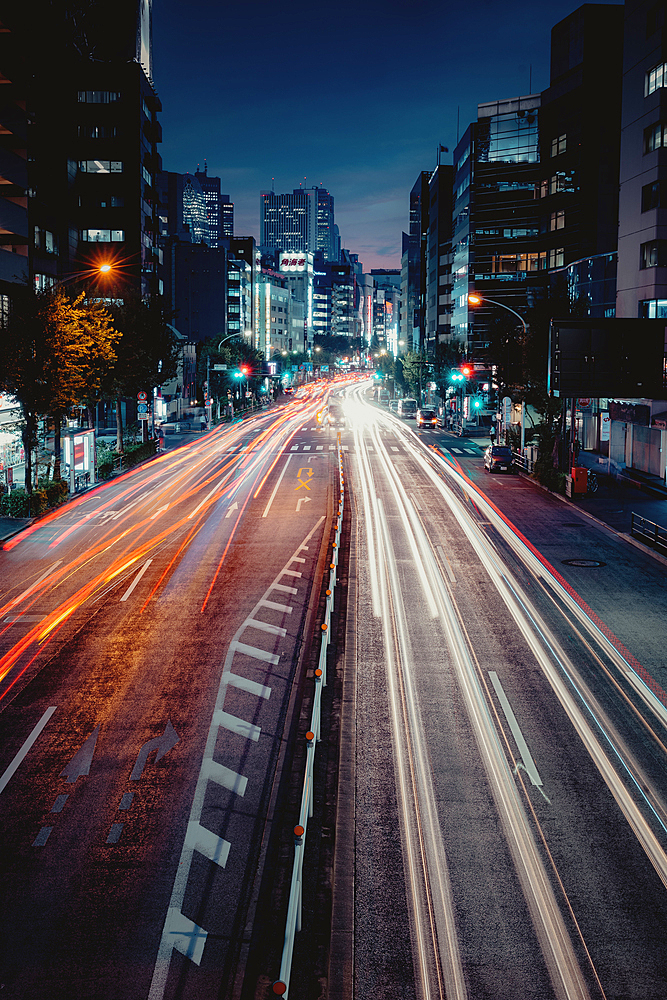 Long shot of rush hour car traffic in Osaka, Japan