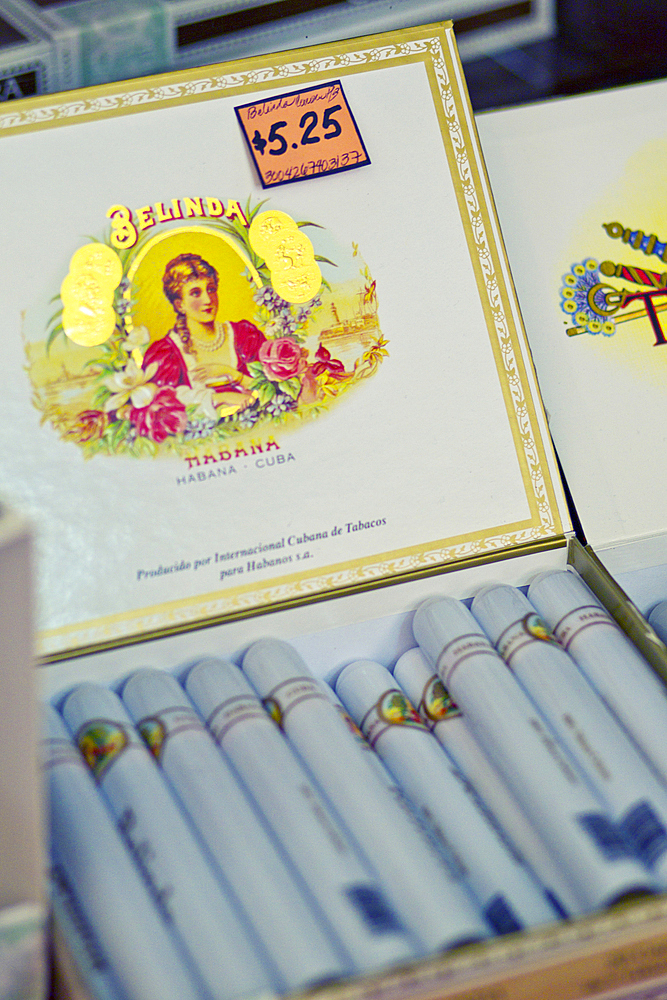 Detail of Cuba Cigars in a box in Havana, Cuba