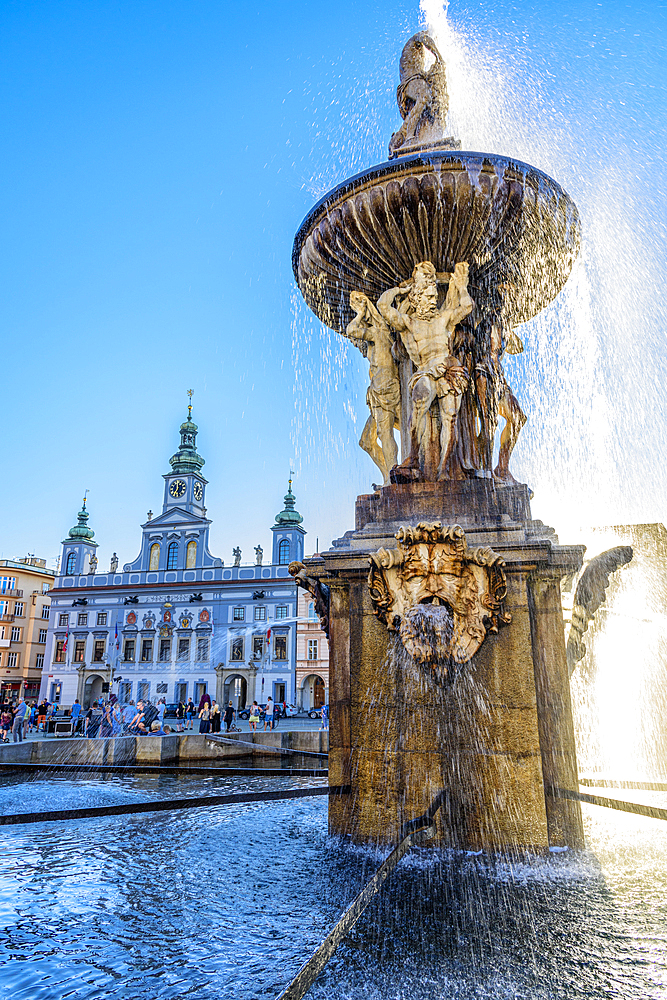 Samson Fountain and Town Hall on the town square of Budweis, South Bohemia, Czech Republic