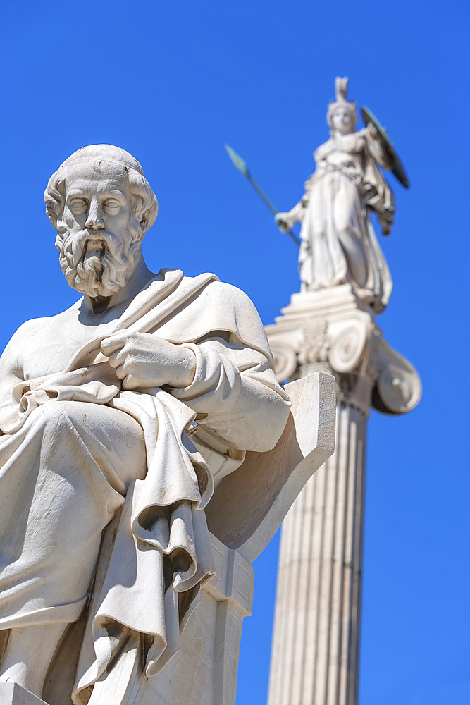 Statues of Socrates and Athena outside Academy of Athens, Athens, Greece,