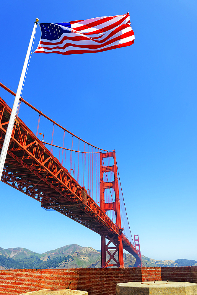 Golden Gate Bridge and the Stars and Stripes, San Francisco, California, USA