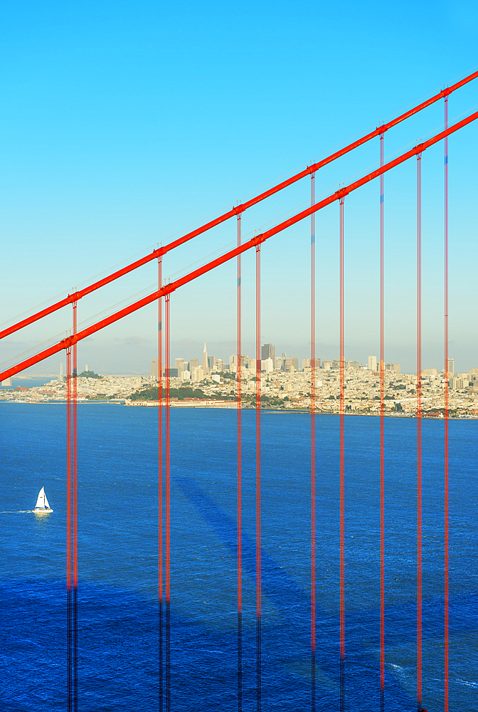 View of Golden Gate Bridge and financial district, San Francisco, California, USA