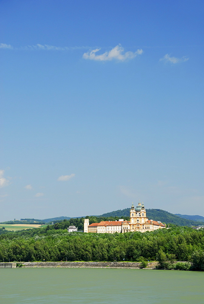 View over Danube river to Melk Abbey, Wachau valley, Lower Austria, Austria