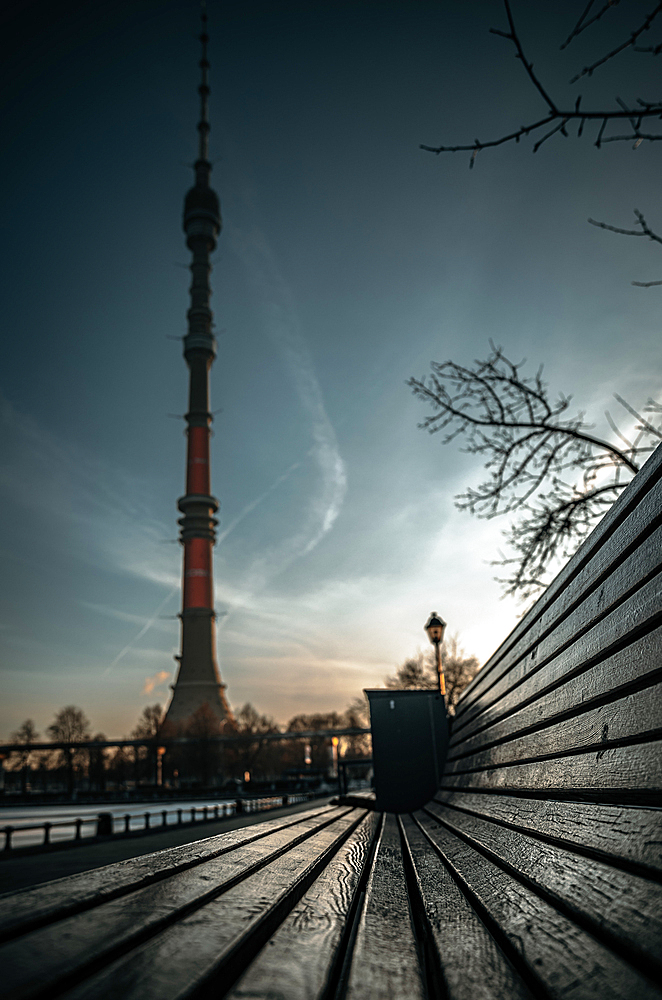 View of the Ostankino TV tower from the Ostankinskiy Pond in Moscow, Russia