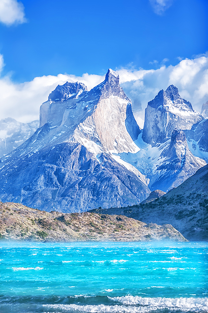 View of Horns of Paine mountains and Lake Pehoe, Torres del Paine National Park, Chile, South America