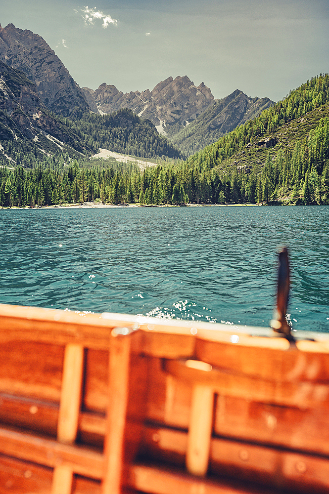 Boat trip on Lake Braies in the middle of the Dolomites in South Tyrol, Italy, Europe