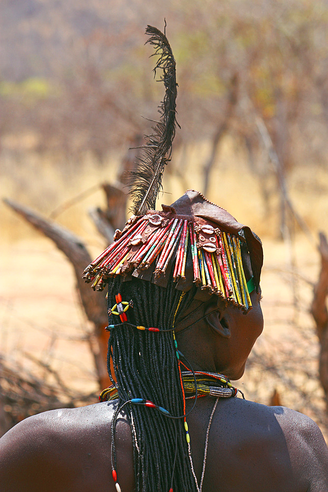 Angola; western part of the province of Cunene; Woman from the ethnic group of the Mucohona; rear view of the head; eye-catching hairstyle with pearls, shells and a long feather; in addition finely incorporated colored sticks, made from tin cans