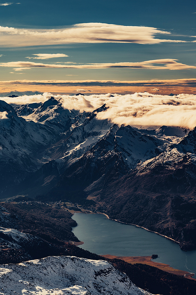 View of Maloja and Lake Sils in the Engadin from the Corvatsch Glacier, Engadin, Graubünden, Switzerland, Europe