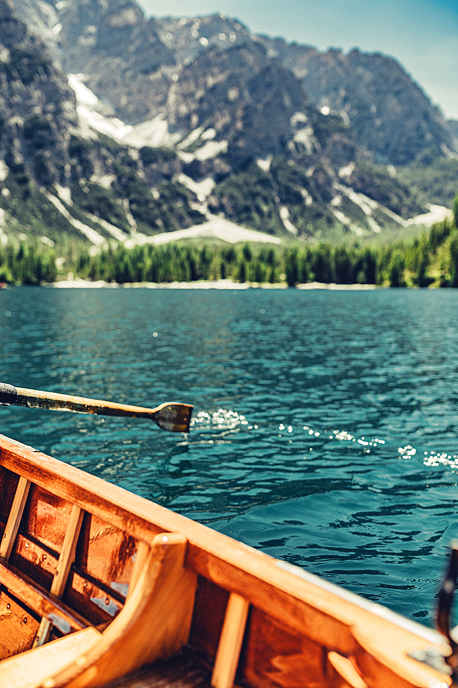 Boat trip on Lake Braies in the middle of the Dolomites in South Tyrol, Italy, Europe