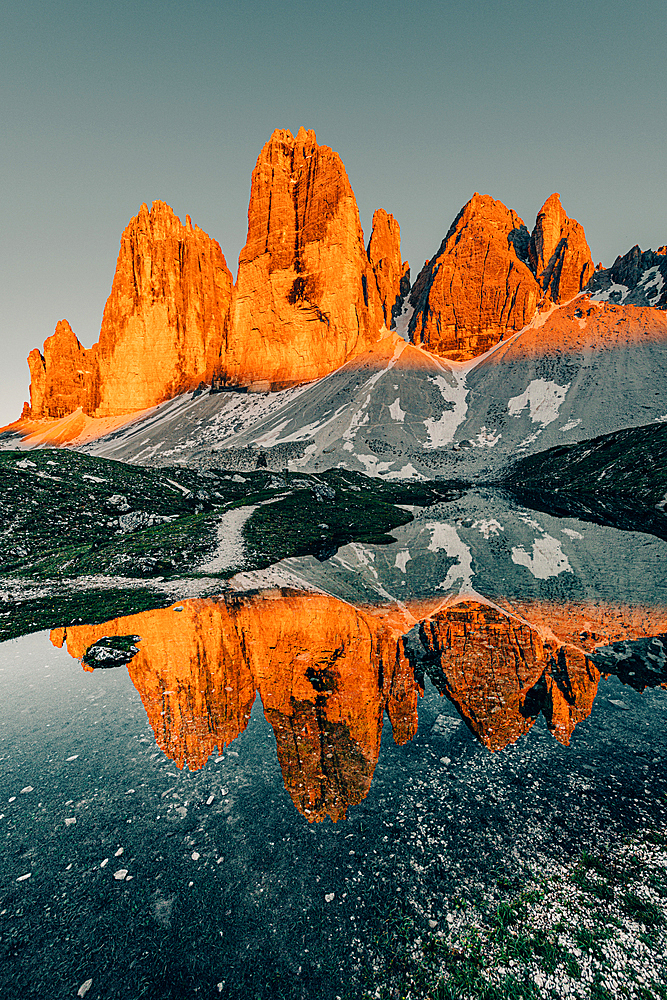 Sunset Three Peaks in the Sesto Dolomites, South Tyrol, Italy, Europe;