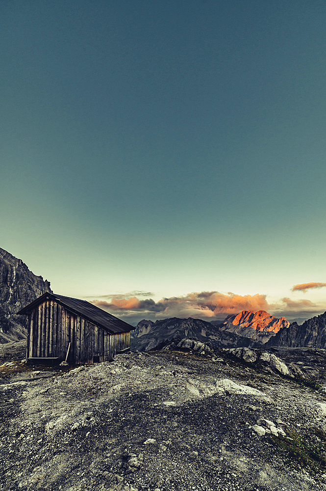 Winter camp of the Totalphütte on a mountain near Lünersee, Vorarlberg, Austria, Europe