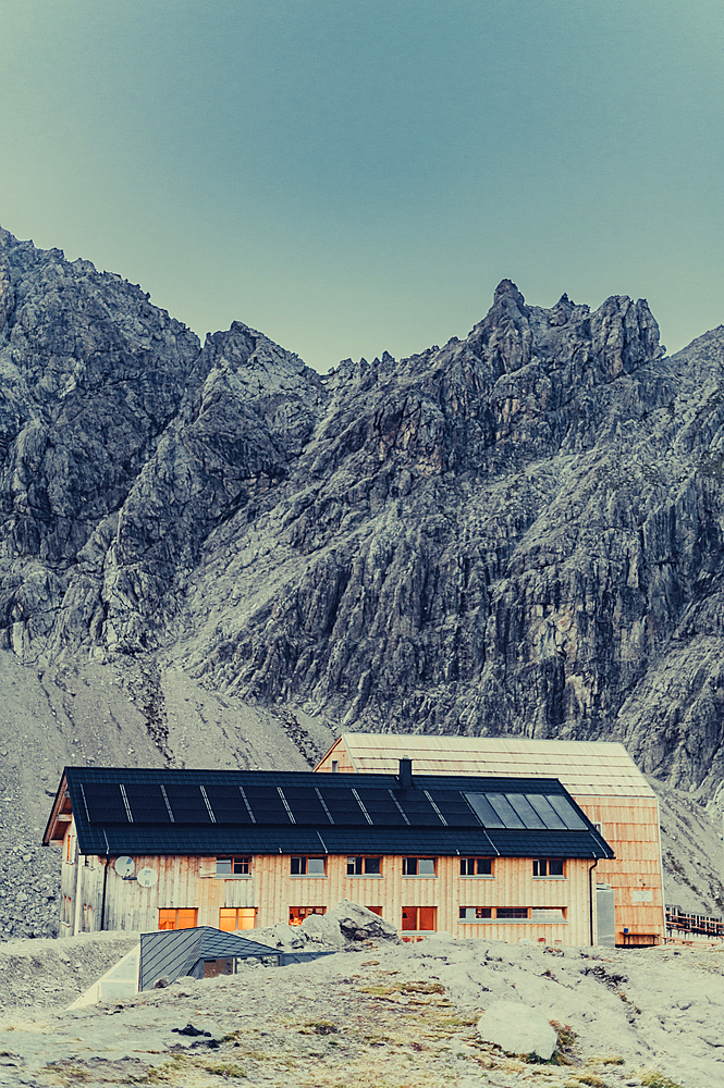 Twilight Totalphütte in the Rätikon above the Lünersee, Vorarlberg, Austria, Europe