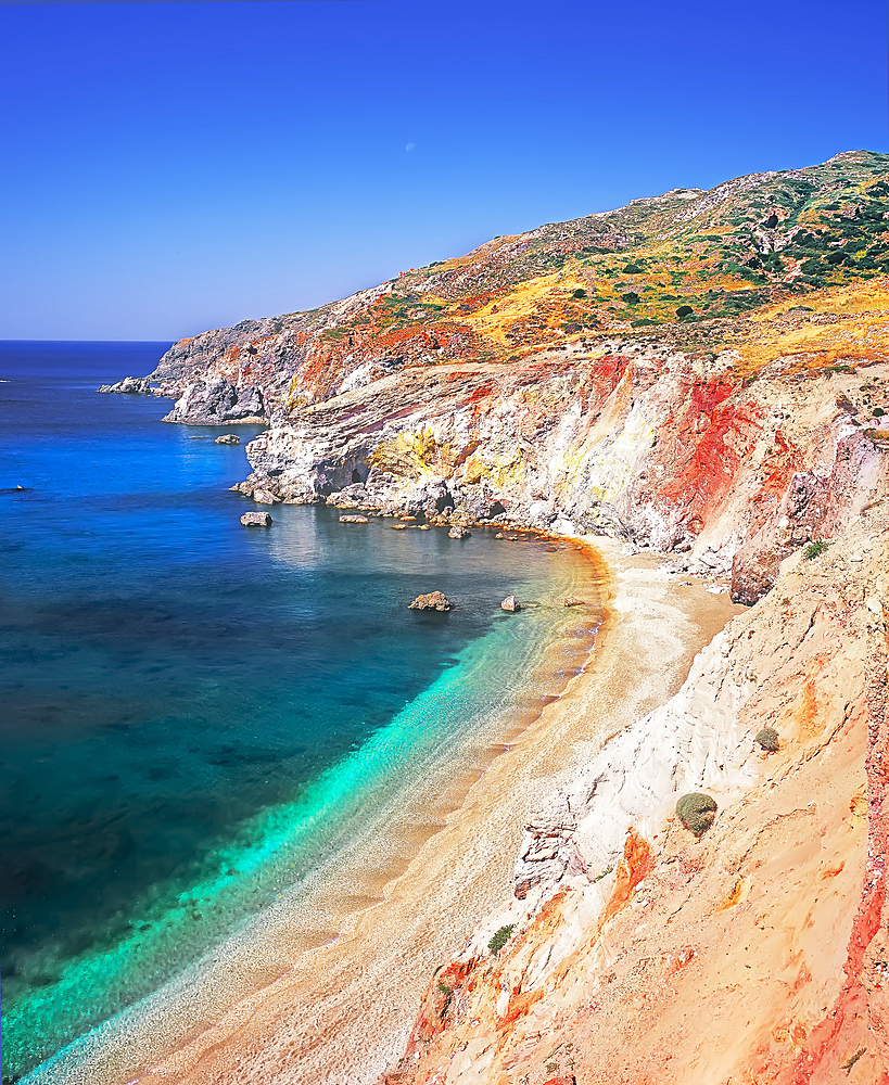 Top view of the volcanic beach of Paleokori, Milos, Cyclades Islands, Greece, Europe