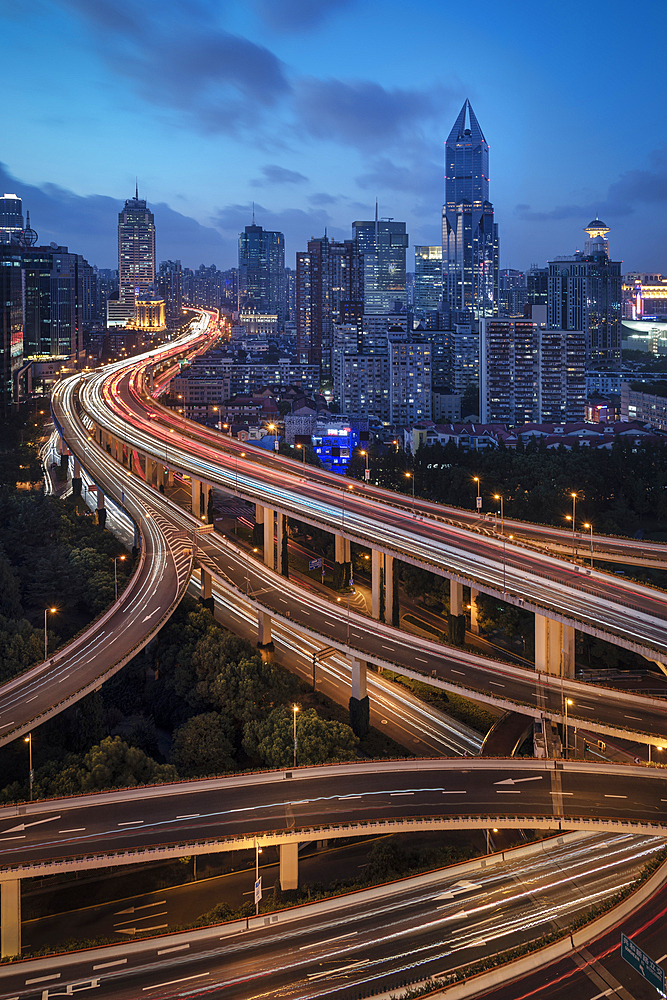 famous Yan An intersection in Shanghai, long exposure at night, People's Republic of China, Asia