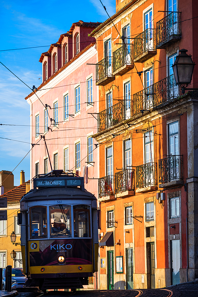 A tram passes Castelo, Lisbon, Portugal.