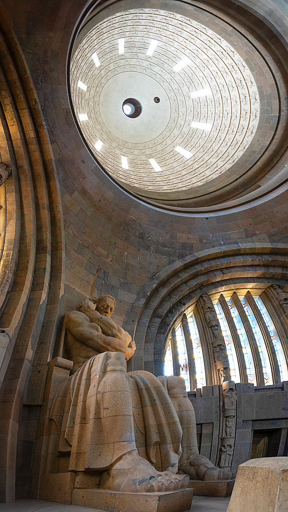 View of the virtuous figure of bravery and the equestrian figures inside the dome in the Hall of Fame, Monument to the Battle of the Nations, Leipzig, Saxony, Germany, Europe