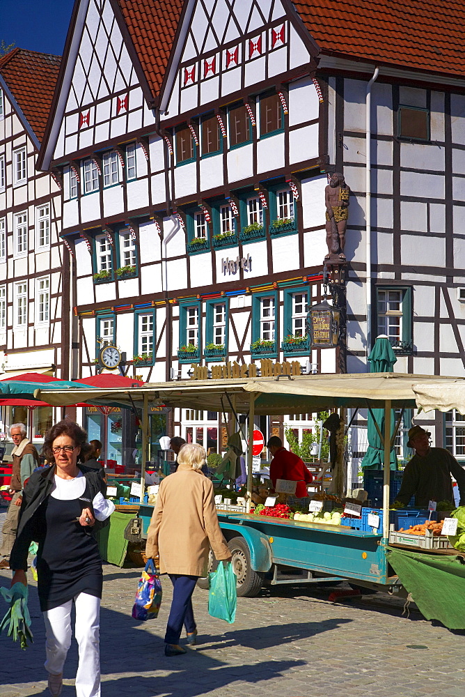 Markt (market place) at Soest with hotel, restaurant Im wilden Mann, Teutoburger Wald, North Rhine-Westphalia, Germany, Europe