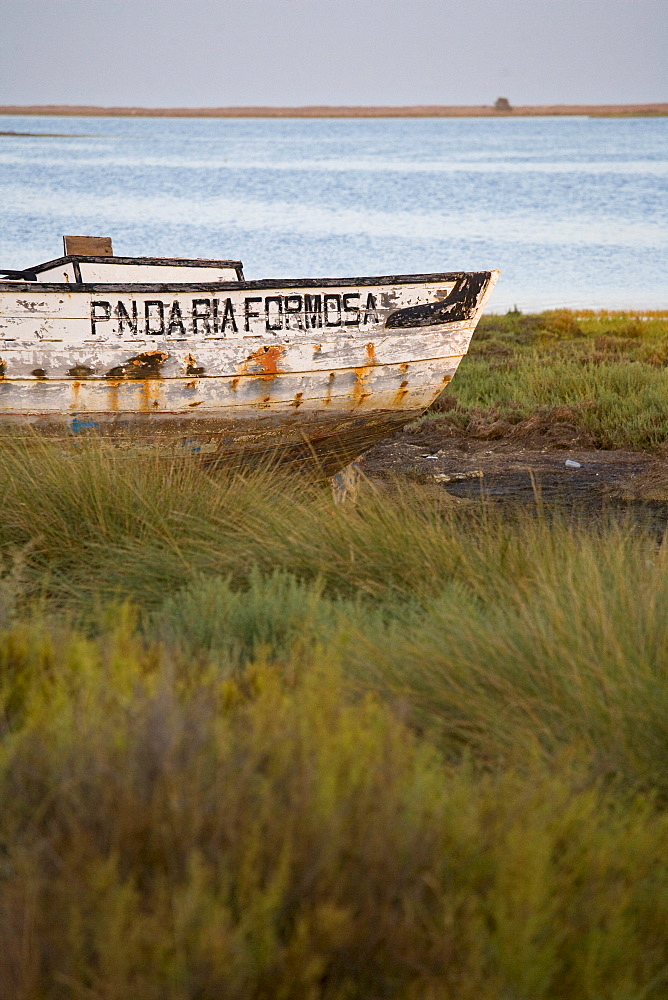 Boat on land, Laguna at the Ria Formosa, Quinta de Marim, Olhao, Algarve, Portugal