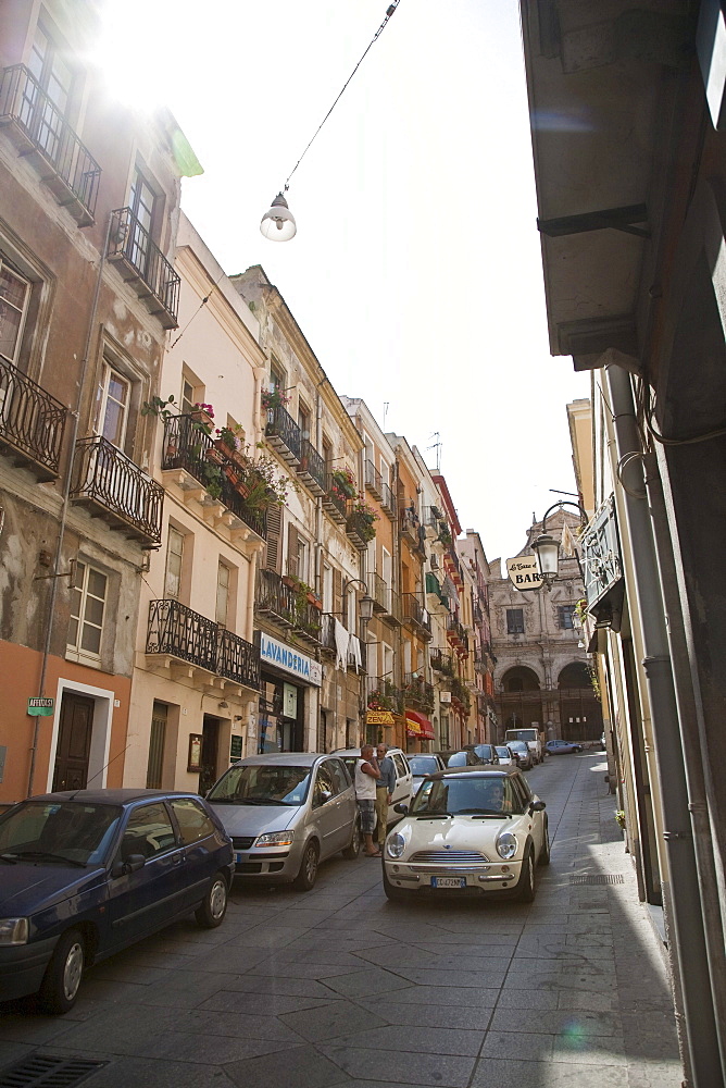 Cars in a steep alley, Cagliari, Sardinia, Italy, Europe