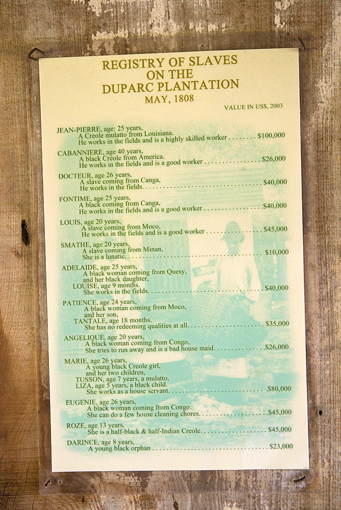 Price list for slaves, Laura Plantation, Vacherie, Louisiana, USA