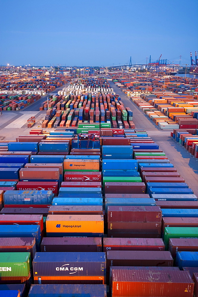 High angle view of container port at night, Port of Hamburg, Germany