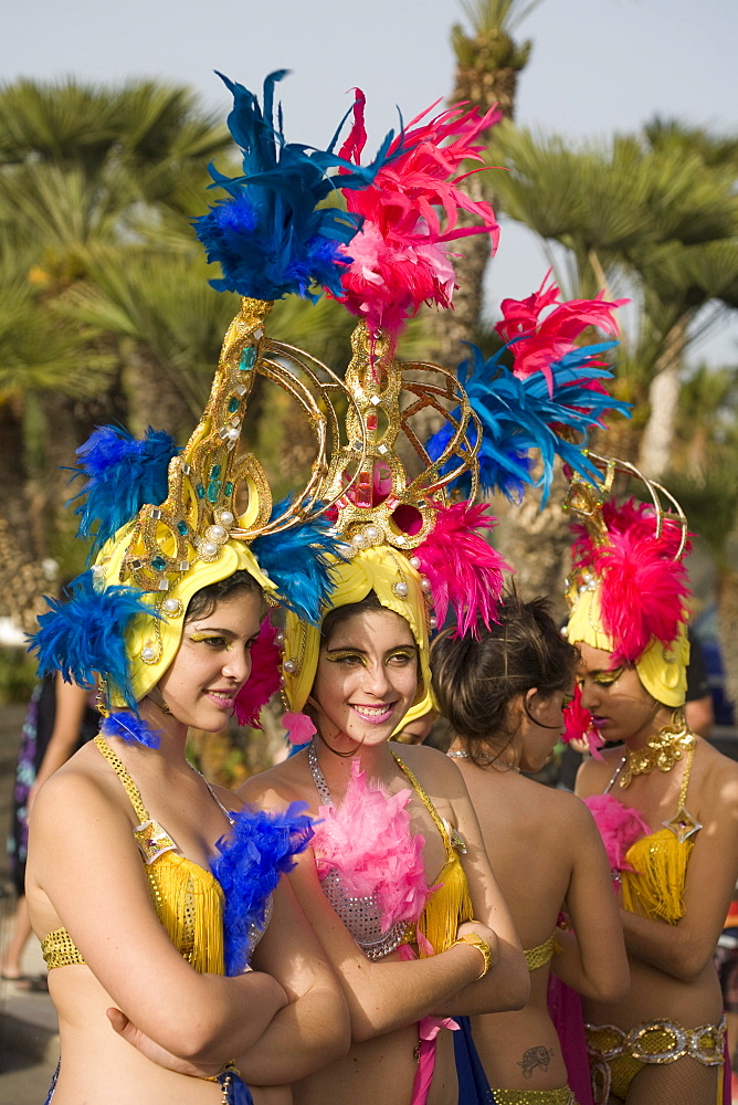 Dancers at the carnival parade, Gran Coso de Carnaval, Costa Teguise, Lanzarote, Canary Islands, Spain, Europe