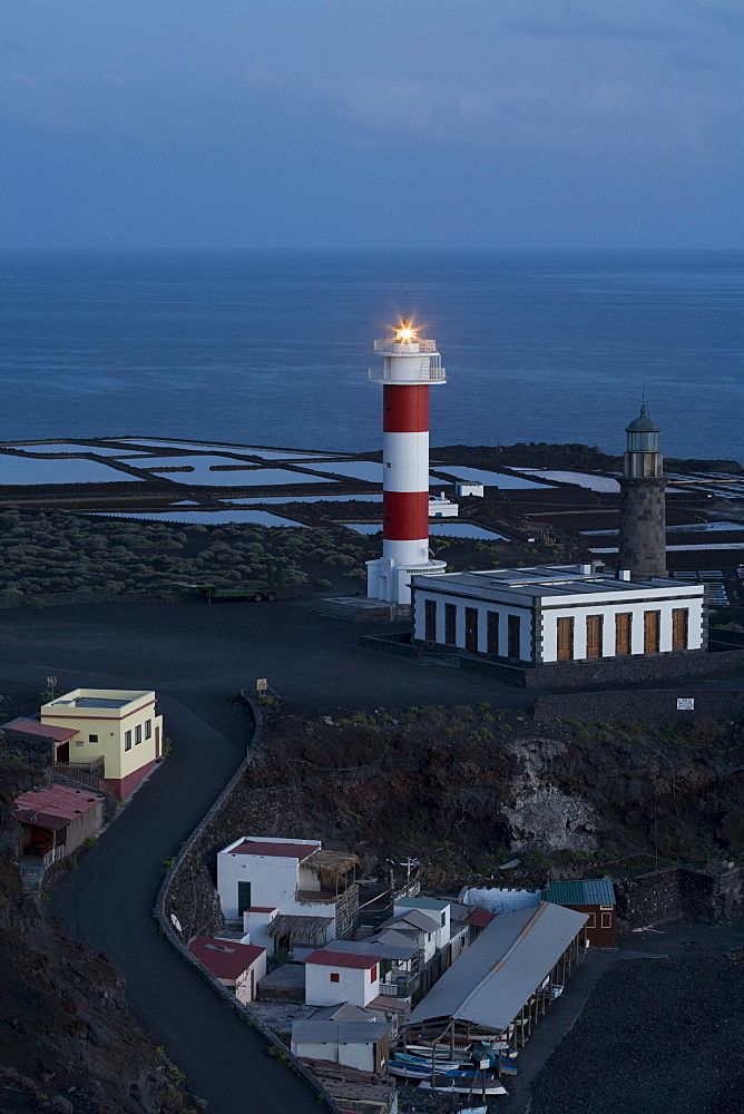 Old and new lighthouse, Faro de Fuencaliente and salines, fishing port, Punta de Fuencaliente, natural preserve, Monumento Natural de los Volcanes de Teneguia, UNESCO Biosphere Reserve, La Palma, Canary Islands, Spain, Europe