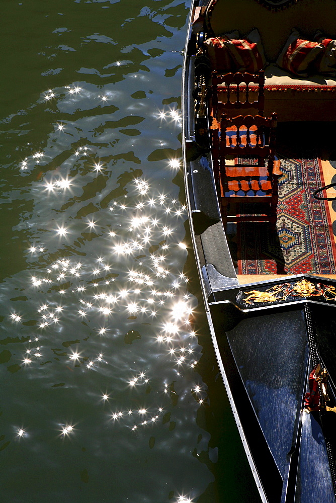 View at deserted gondola on the Grand Canal, Venice, Veneto, Italy, Europe