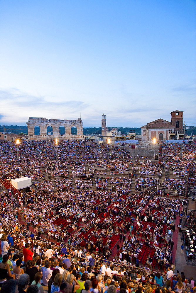 Open-air opera performance of Nabbuco in the evening in the Verona Arena, Verona, Veneto, Italy