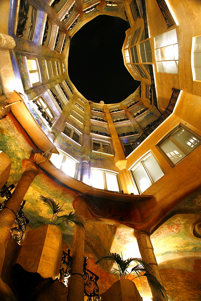 Inner courtyard, Antoni GaudâˆšÃ‰Â¬â‰ 's Casa Mila, Eixample, Barcelona, Catalonia, Spain