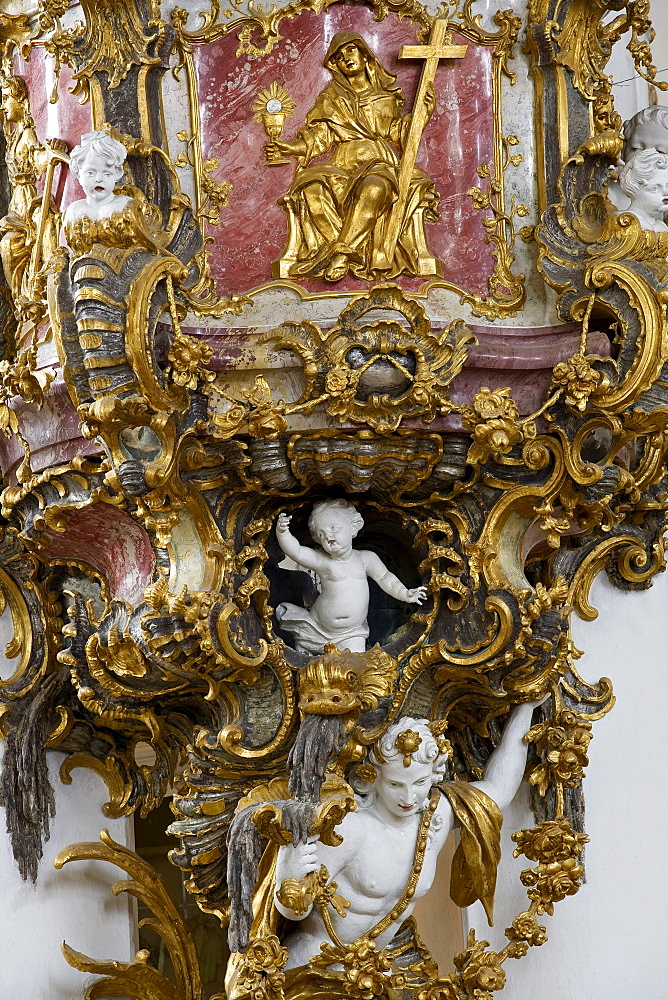 Interior view of Wies church, Wieskirche in Steingaden, Pfaffenwinkel, build from 1745Ã±1754 by brothers Johann Baptist and Dominikus Zimmermann, UNESCO world cultural heritage, Bavaria, Germany, Europe