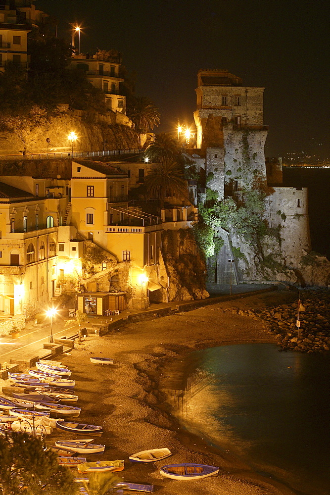 View of Cetara in the evening light, Amalfi Coast, Salerno, Italy