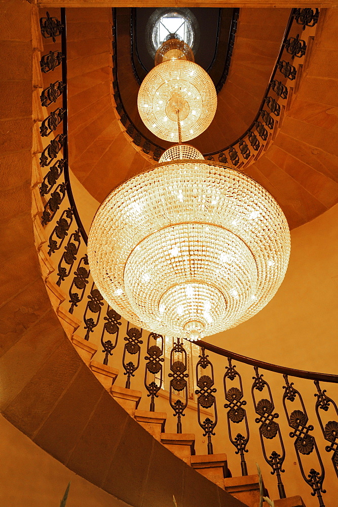 Staircase with luster at Palac Bonerowski hotel, Krakow, Poland, Europe