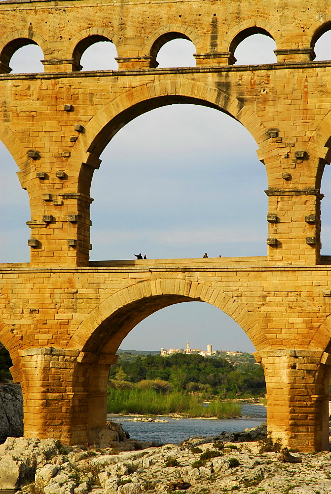 View at roman aquaeduct, Pont du Gard, Departement Gard, South of France, Europe