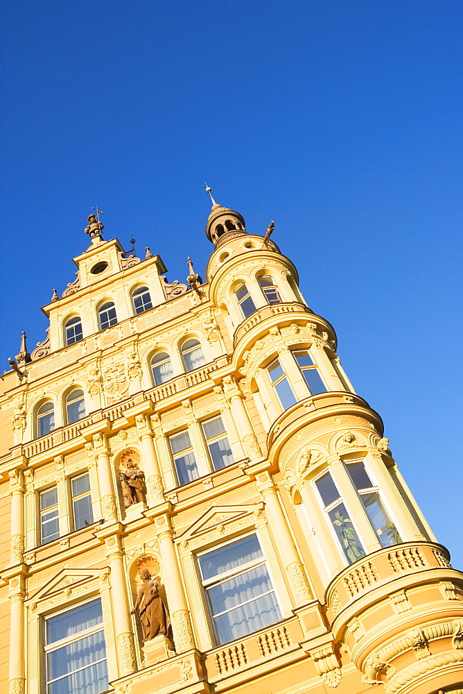 Old townhouse on the main square in Cesky Budejovice, South Bohemia, Sumava, Czech republic